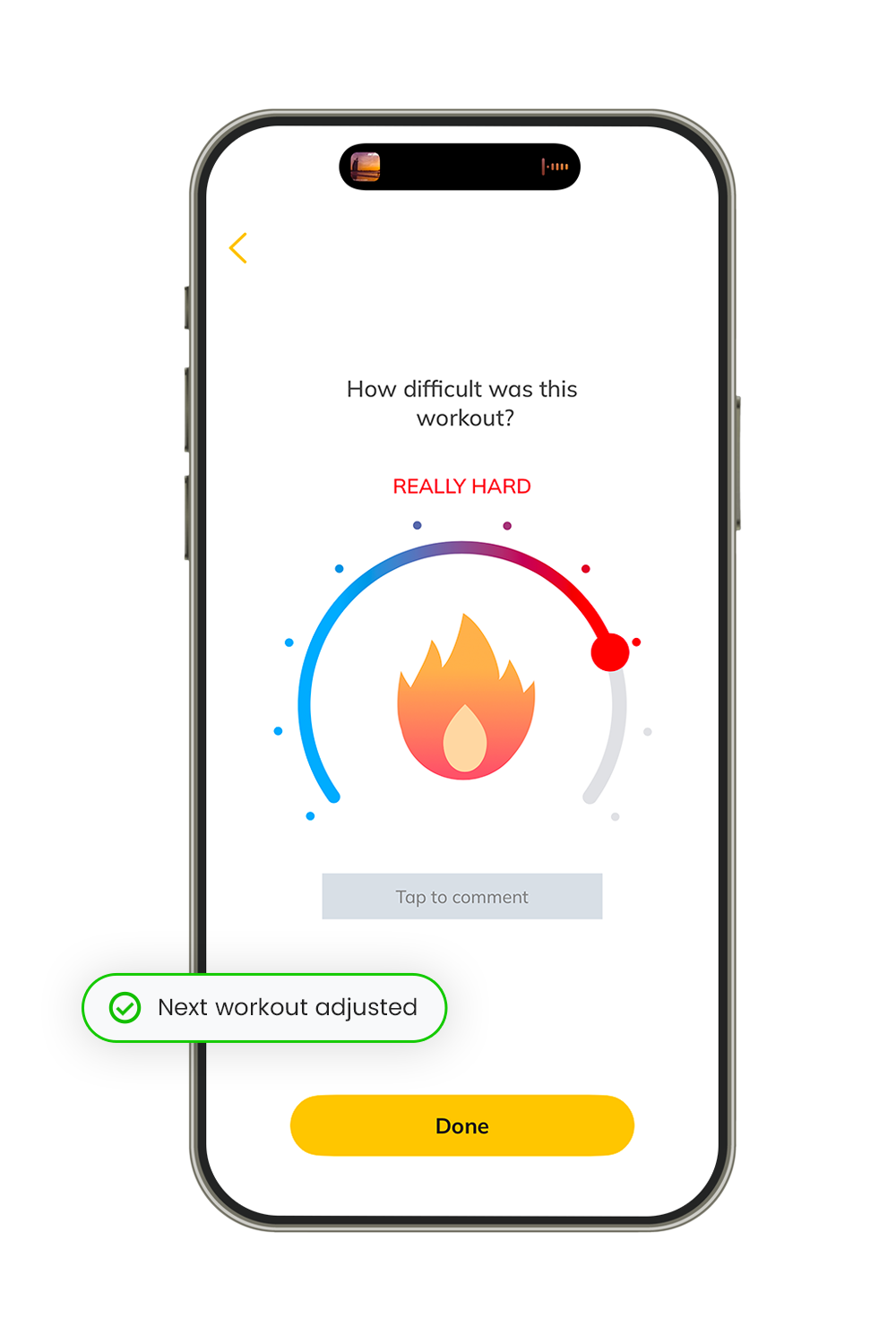 Workout difficulty feedback screen with next workout adjusted confirmation