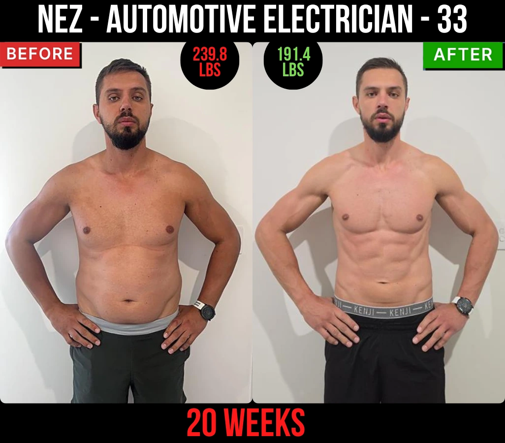 Nez, automotive electrician, 33, before and after: 239.8 lb to 191.4 lb in 20 weeks