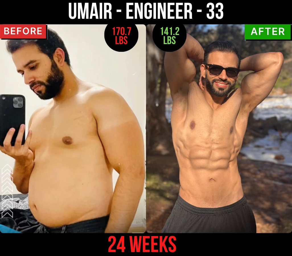 Umair, engineer, 33, before and after: 170.7 lb to 141.2 lb in 24 weeks