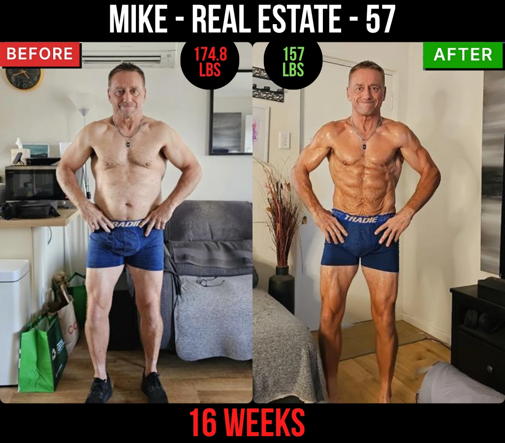 Mike, real estate, 57, before and after: 174.8 lb to 157 lb in 16 weeks