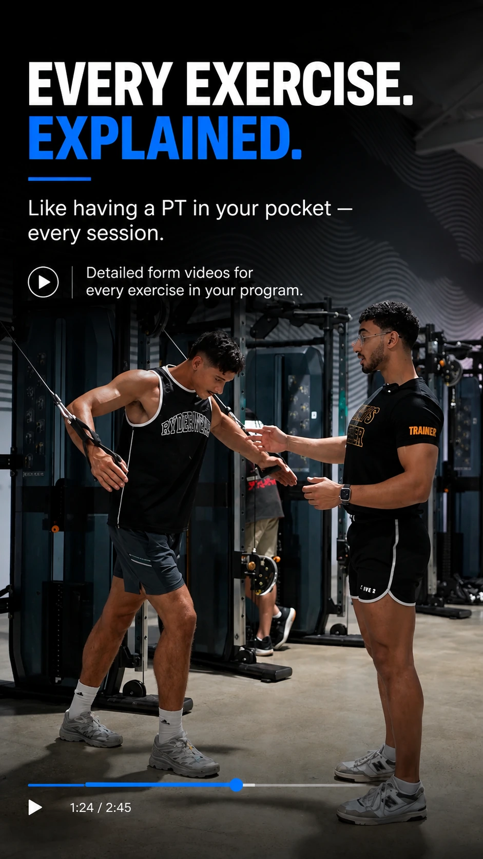 Coach demonstrating cable exercise form, detailed form videos for every exercise in your program