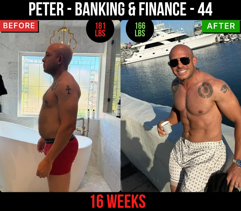 Peter, banking and finance, 44, before and after: 181 lb to 166 lb in 16 weeks