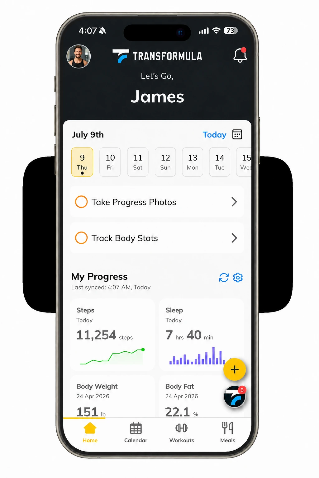 Transformula app dashboard showing daily tasks, steps, sleep, body weight and body fat