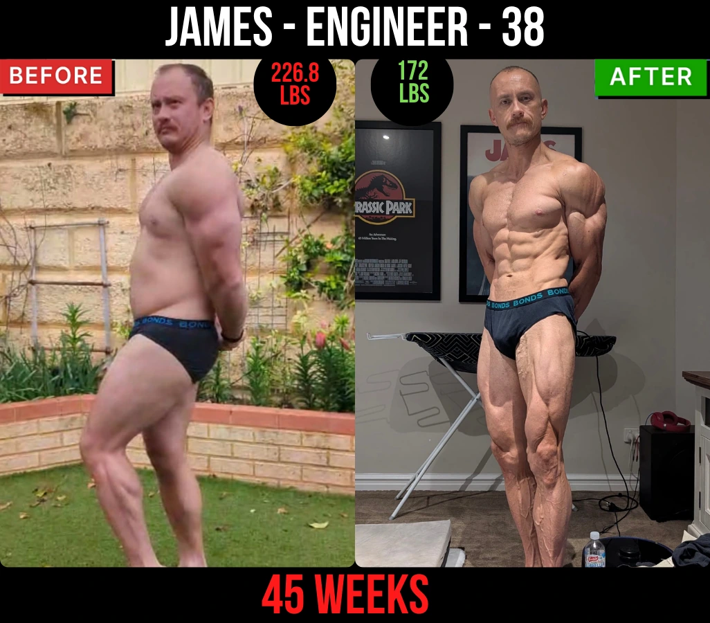 James, engineer, 38, before and after: 226.8 lb to 172 lb in 45 weeks