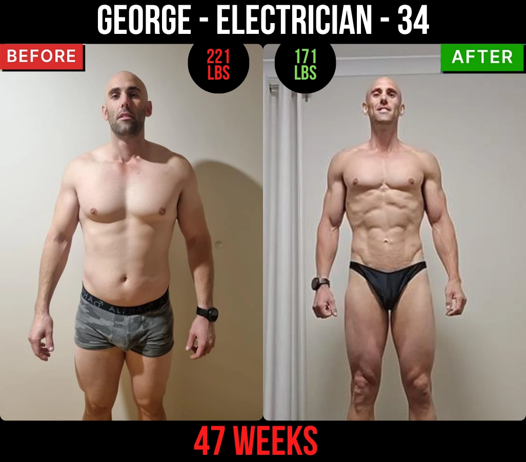 George, electrician, 34, before and after: 221 lb to 171 lb in 47 weeks