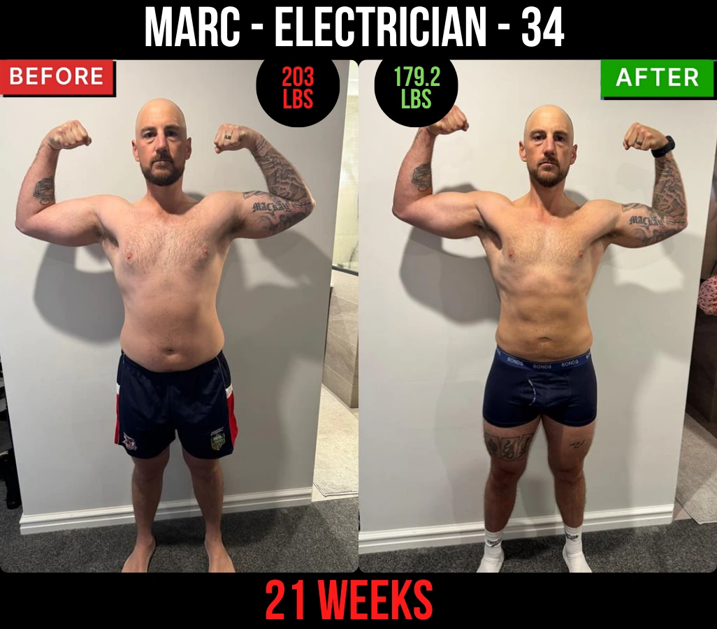 Marc, electrician, 34, before and after transformation, 203 lb to 179.2 lb in 21 weeks