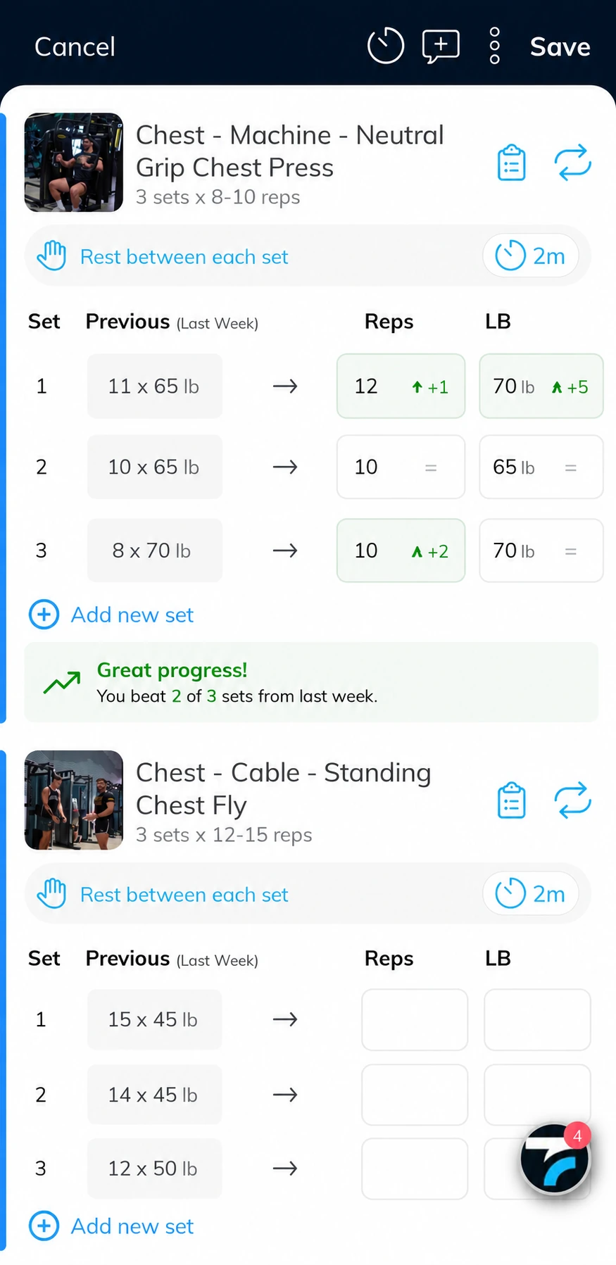 Chest workout screen showing last week's sets next to today's reps and weights with improvement indicators
