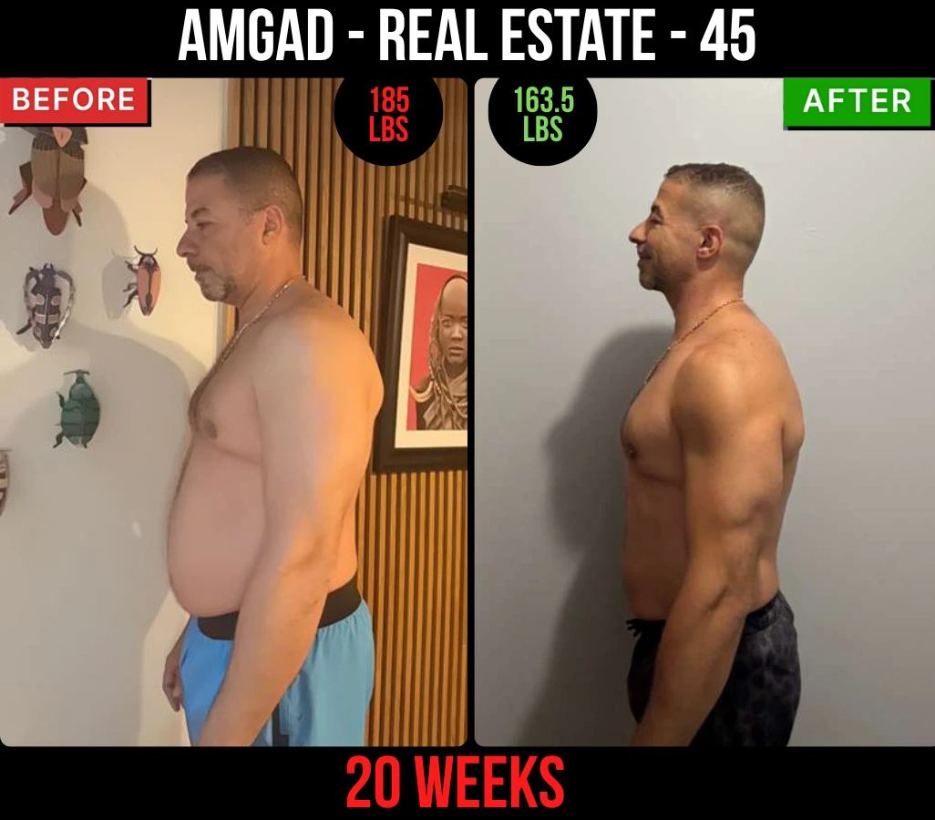 Amgad, real estate, 45, before and after: 185 lb to 163.5 lb in 20 weeks