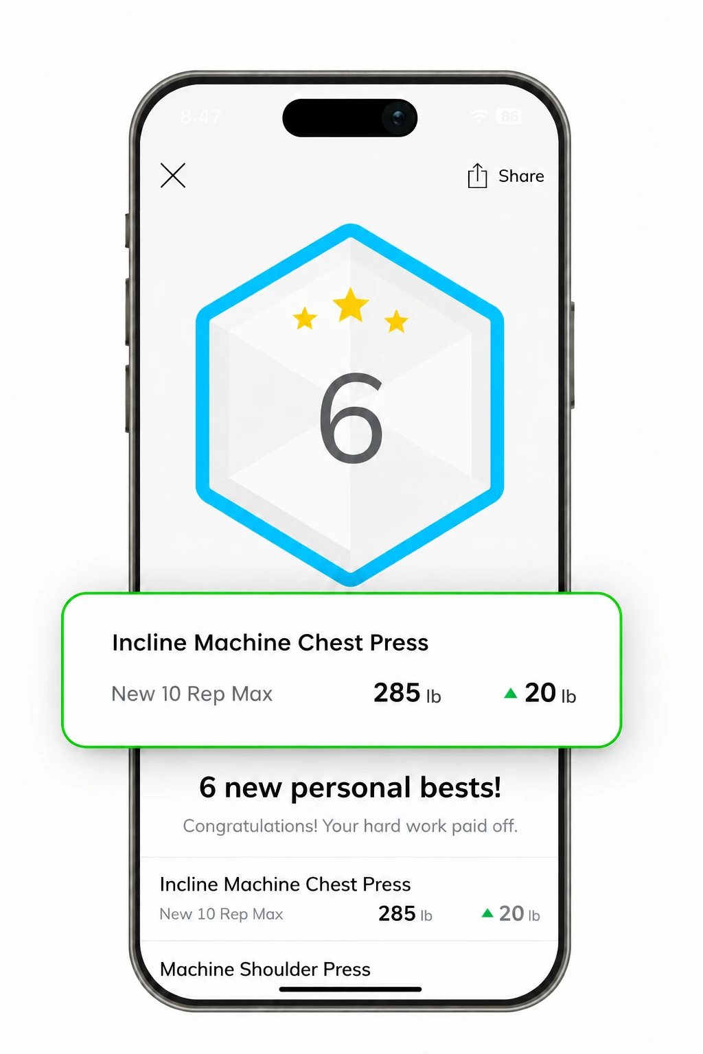 Transformula app screen listing new personal bests achieved in training